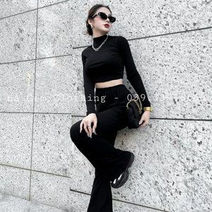 Stretchy knit high neck crop top and wide leg pants 2 piece set size Small